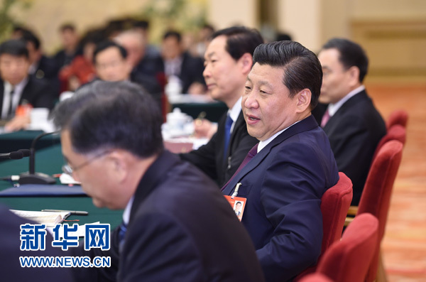 中共中央总书记、国家主席、中央军委主席习近平参加十二届全国人大二次会议安徽代表团的审议。 新华社记者李学仁摄